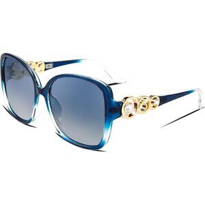 Women's Fashion Square Sunglasses Blue Frame Pearl Sparkling Eyes Protection